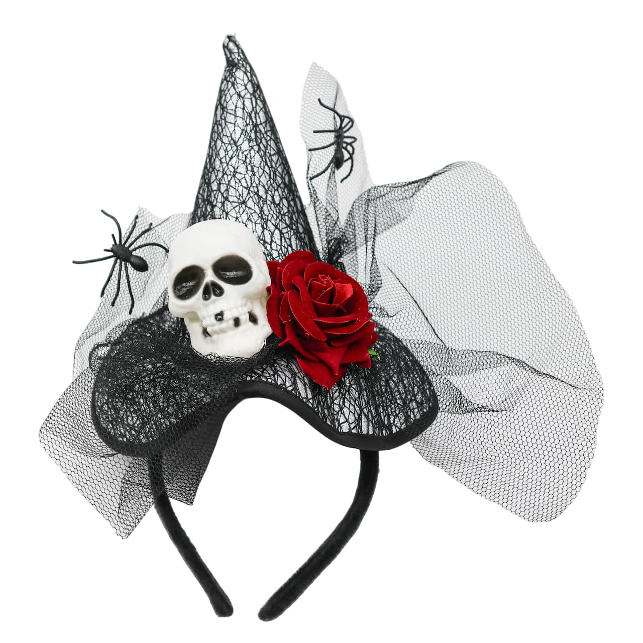 Black Mesh Witch Hat Headband with Skull & Spiders by Celebrate It™